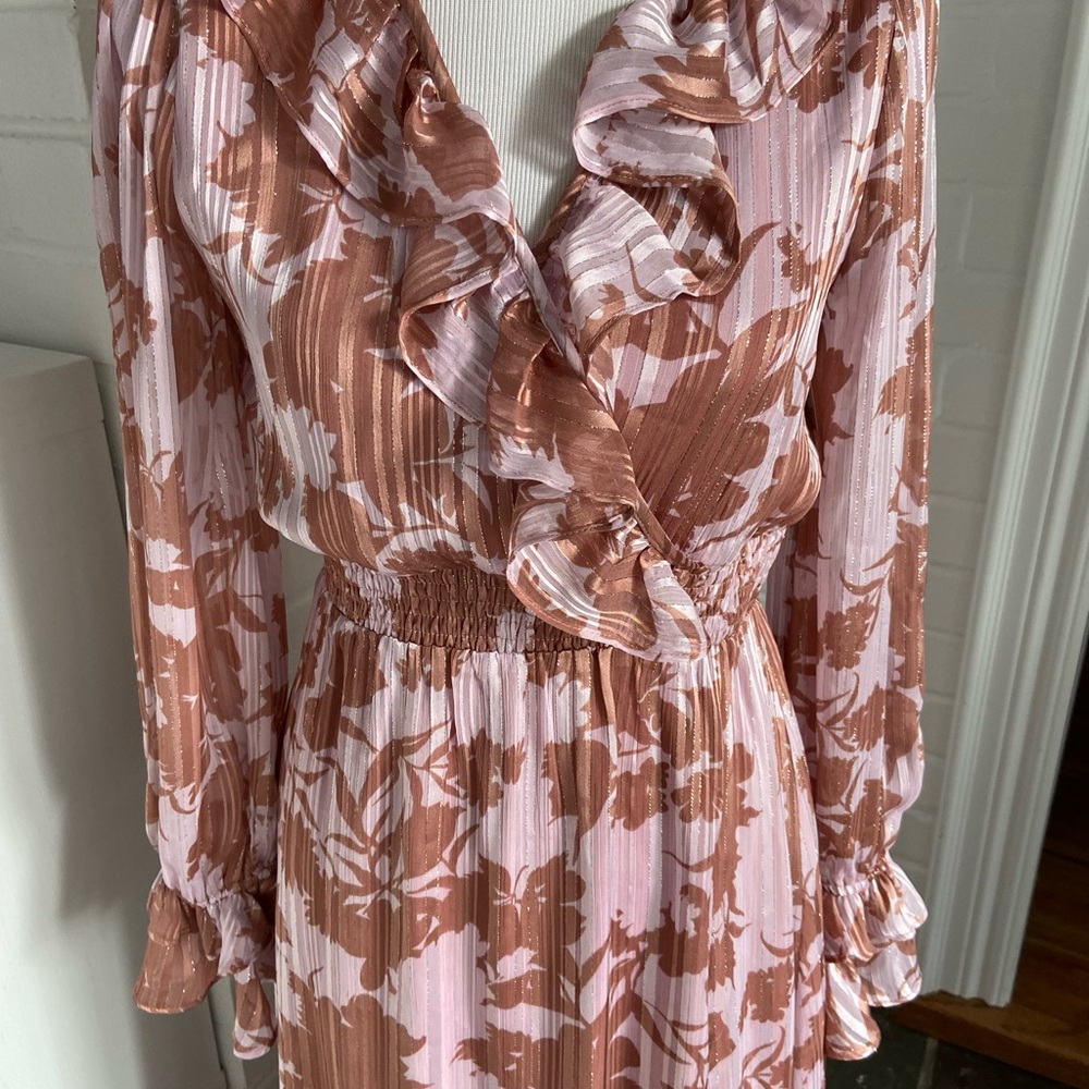 Lulus Floral Ruffle Full Length Spring Dress In Soft Pink and Brown Size S - Picture 4 of 10